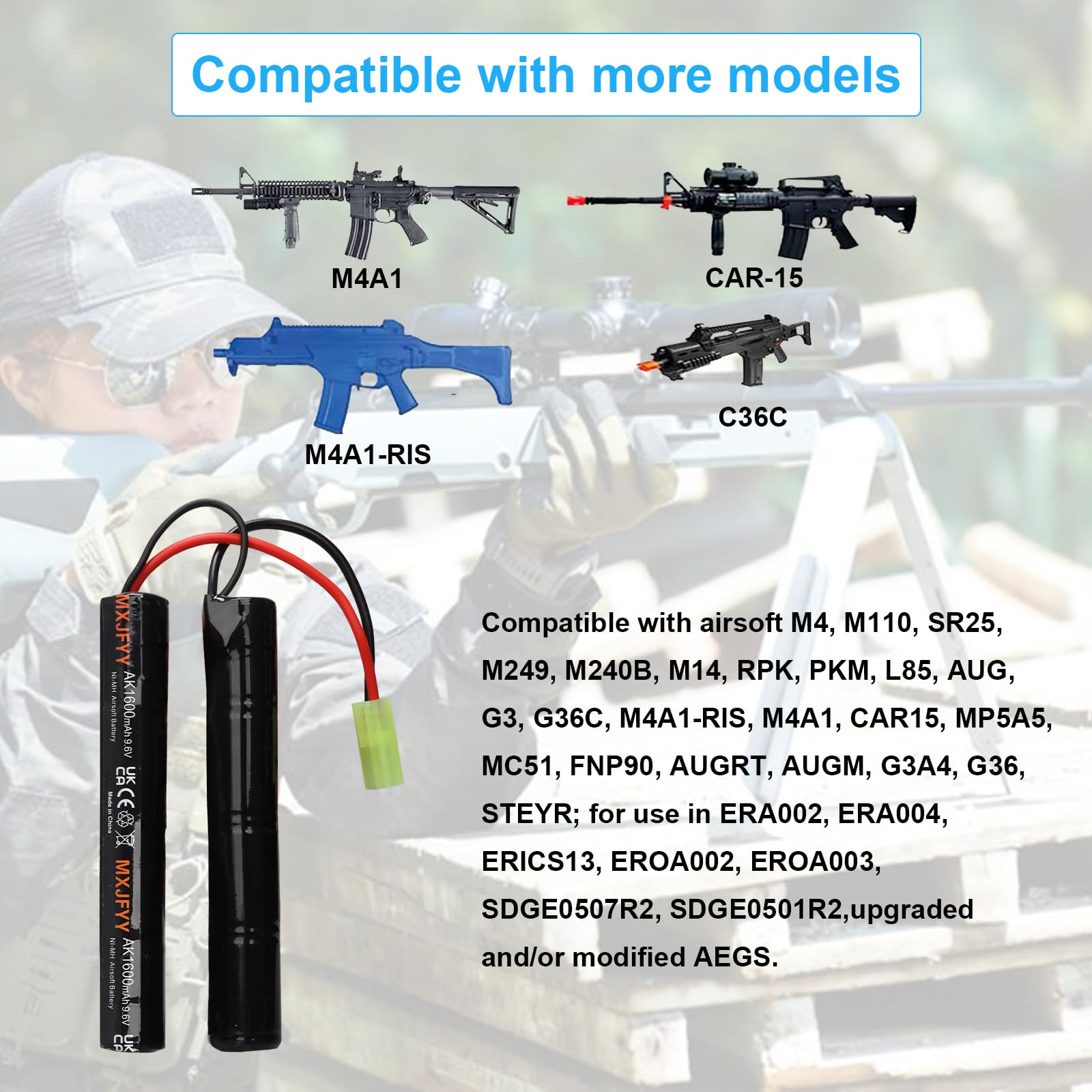 Lot de 2 Batteries Airsoft NiMH 9,6 V 1600 mAh, Batterie Papillon Rechargeable 8 S Nunchuck pour Airsoft