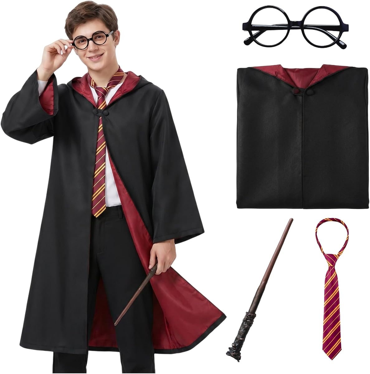 Wizard Costume for Adults, Men's and Women's Robe Set with Tie Wand Glasses for Halloween Cosplay