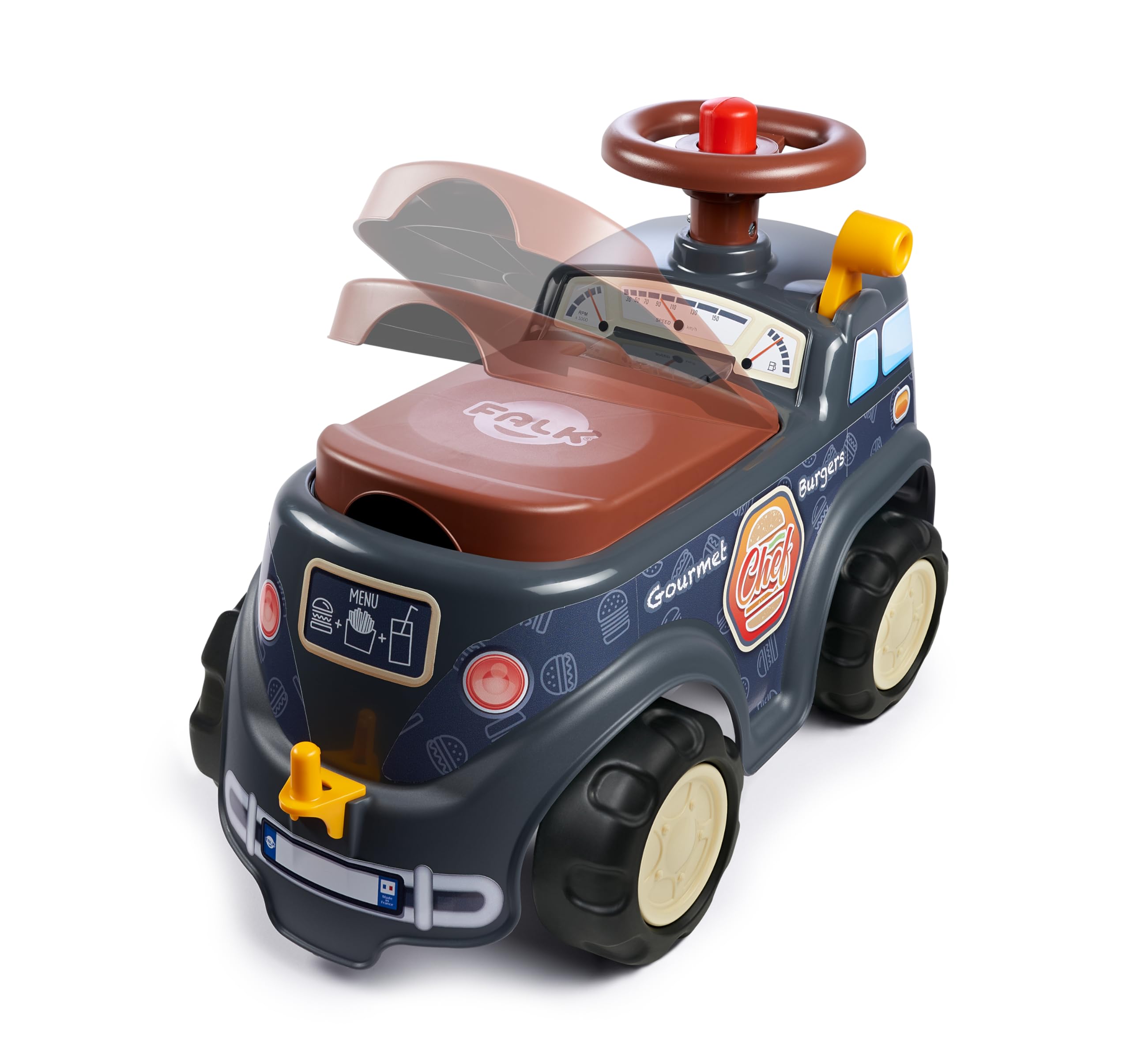 Falk – Portador Food Truck Gourmet Burger – A Partir de 12 Meses – Gris – Volante direccional con bocina – Palanca de Efecto sonoro – Baúl de Almacenamiento – Remolque BBQ & Accesorios – 707C