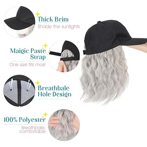 Miniatura 8 de S-noilite Peluca de gorra de béisbol con extensiones de cabello, 8 pulgadas, corto, rizado, ondulado, estilo Bob, peinado, ajustable, con cabello