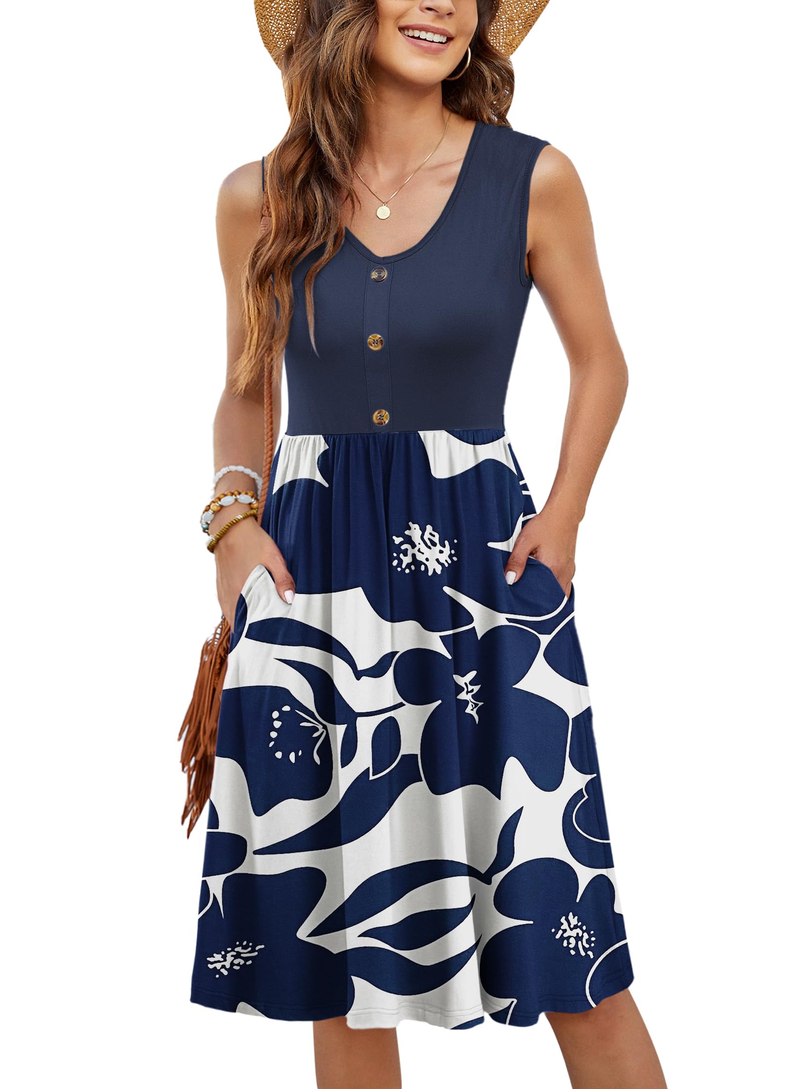 Molerani Women's White Navy Flower Summer Dresses For Uk Casual V Neck Beach Dress Swing Button Midi Sundress Dress With Pockets Xl