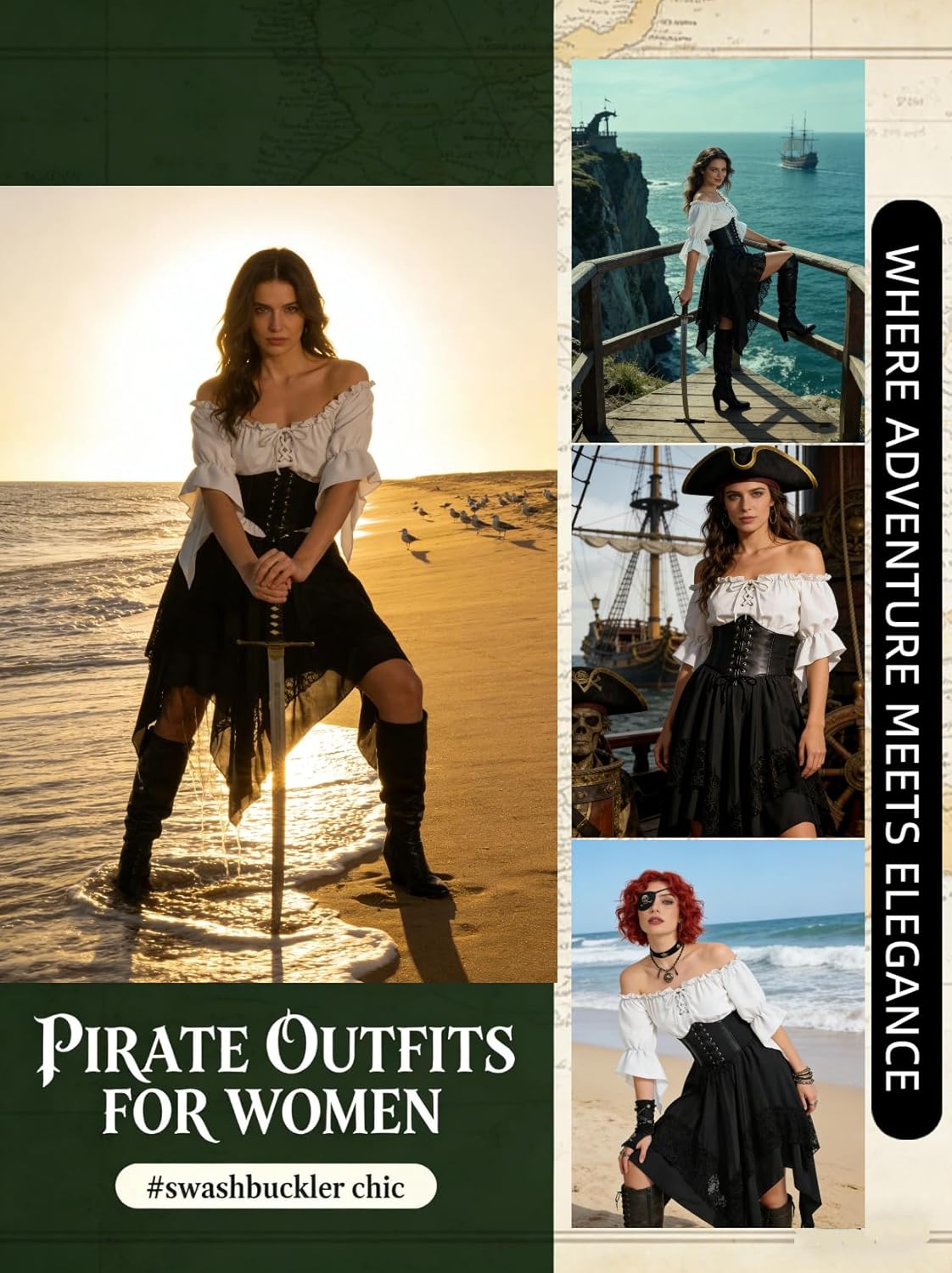 Verceco Women Pirate Costume Adult Renaissance Medieval Outfit with Peasant Top and Pirates Skirt 3-Piece Halloween Set - Image 4