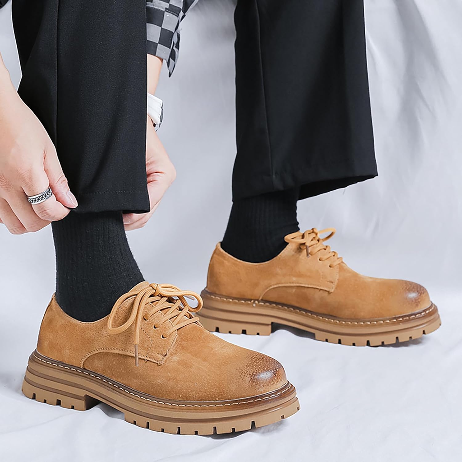 Men's Classic Leather Round Toe Platform Oxfords Lace Up Chunky Heel Lug Sole Derby Shoes Comfort Fashion Business Dress Shoes - Image 3