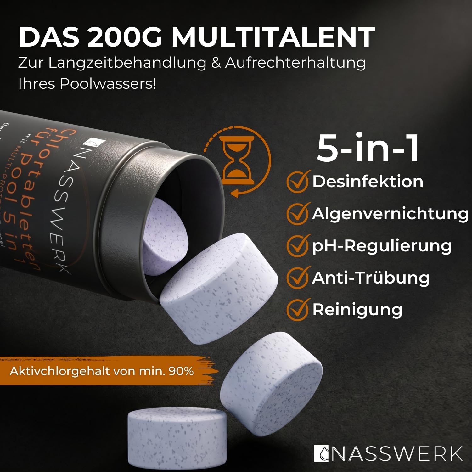 NASSWERK Chlortabletten für Pool 5 in 1 (5kg) | 200g Pooltabs Multitabs 5 in 1 mit Chlor, Algizid, pH Stabilisator, Flockungsmittel & Reiniger | Langzeit Multitabs Pool 200g für optimales Poolwasser