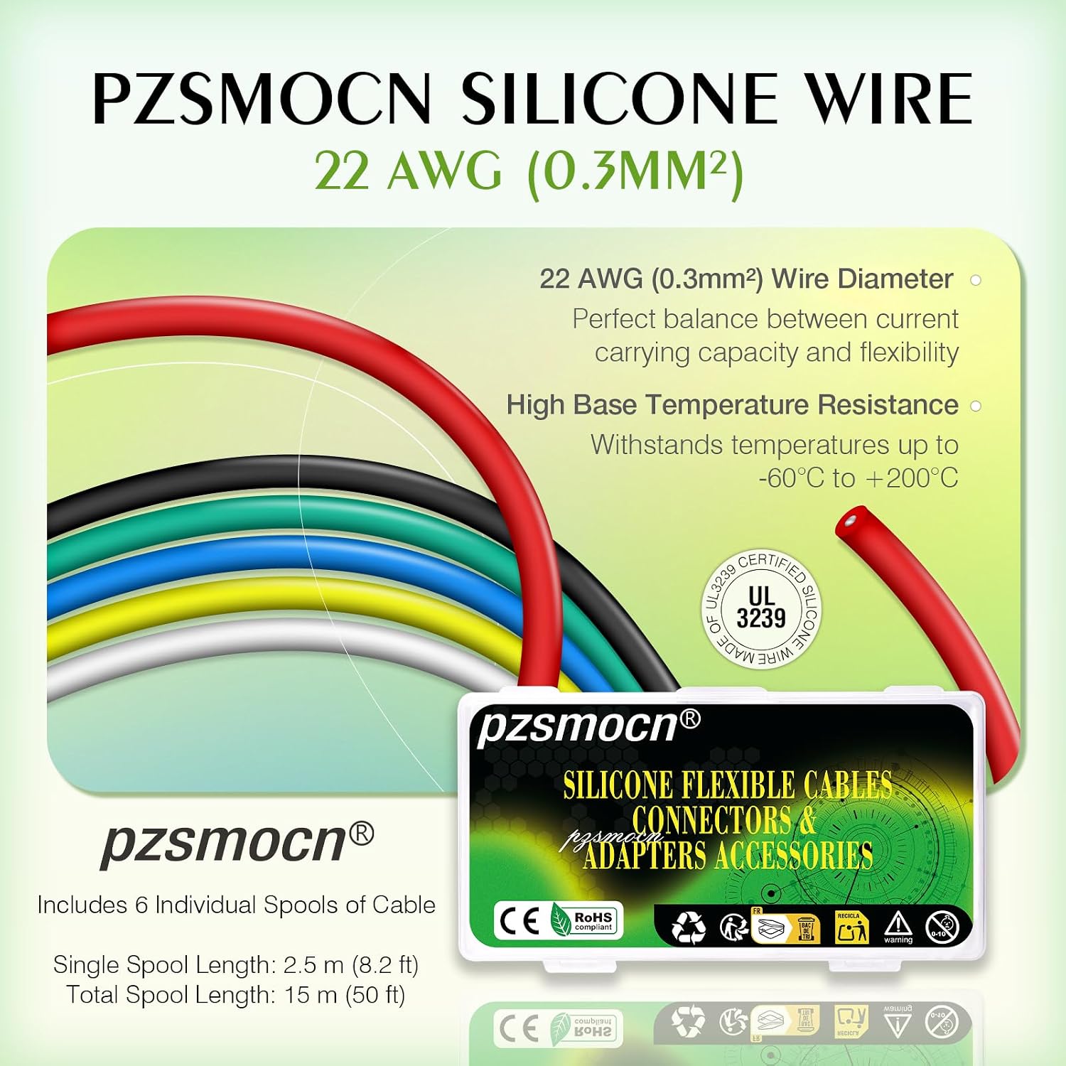 22AWG 0.3mm² Silicone Wire 50ft 6-Colors Flexible Kit | High-Quality Insulated Leads, Prototyping-Ready, Robotics-Compatible, Lighting-Electronics, Reliable Connections