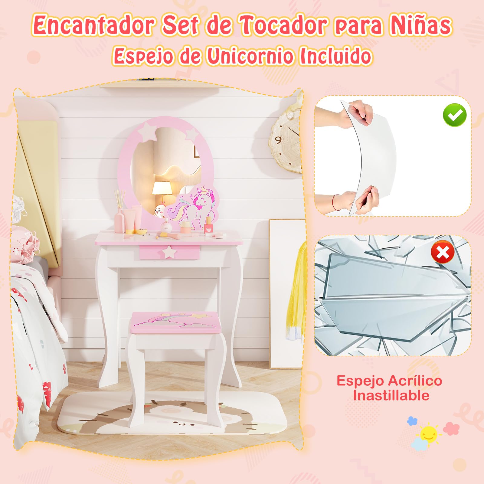 COSTWAY Mesa de Maquillaje con Taburete y Espejo para Niña, Tocador Princesa de Madera con Cajón, para Niñas de 3-7 Años (Blanco)