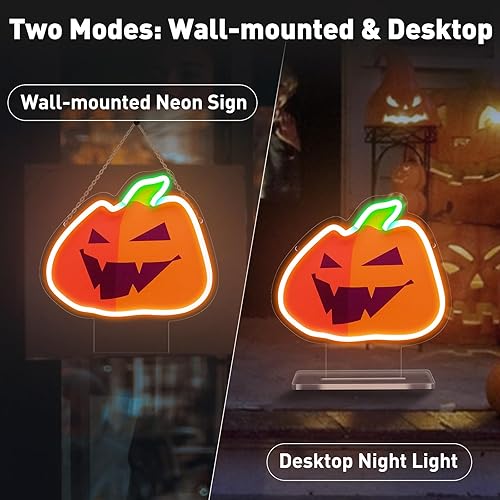 Miniatura 5 de Letreros de neón de calabaza de Halloween, letrero de luz de neón de calabaza para decoración de pared de dormitorio, letrero iluminado alimentado