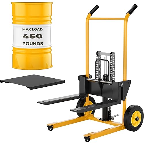 Foldable Hydraulic Lift Dolly, 450LBS 36" Pallet Stacker, 2-in-1 Hand Truck & Flatbed Cart, Adjustable Forks, 10" Rubber Wheels, Foot Pump, for Warehouse Garage Workshop
