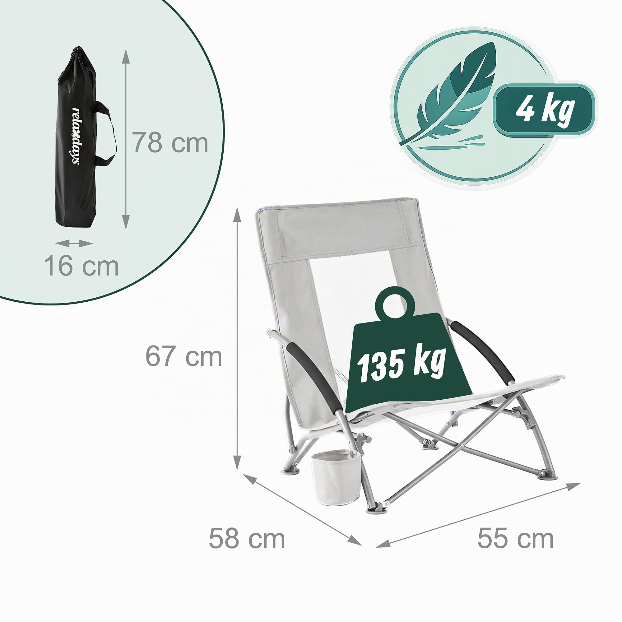 Fauteuil de Plage Pliant Relaxdays, Housse, Porte-gobelet, 135 kg, Mesh, léger, Polyester, métal, Gris