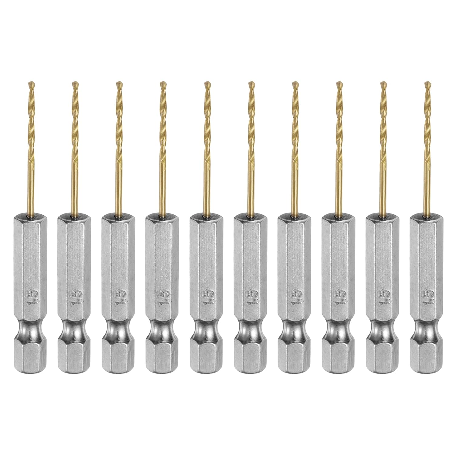 HARFINGTON 10pcs 1/4" Hex Shank Twist Drill Bits 1.5mm Titanium Coated High Speed Steel Quick Change Hex Drilling Bit Jobber Drill Bits for Wood Plastic Metal, Gold