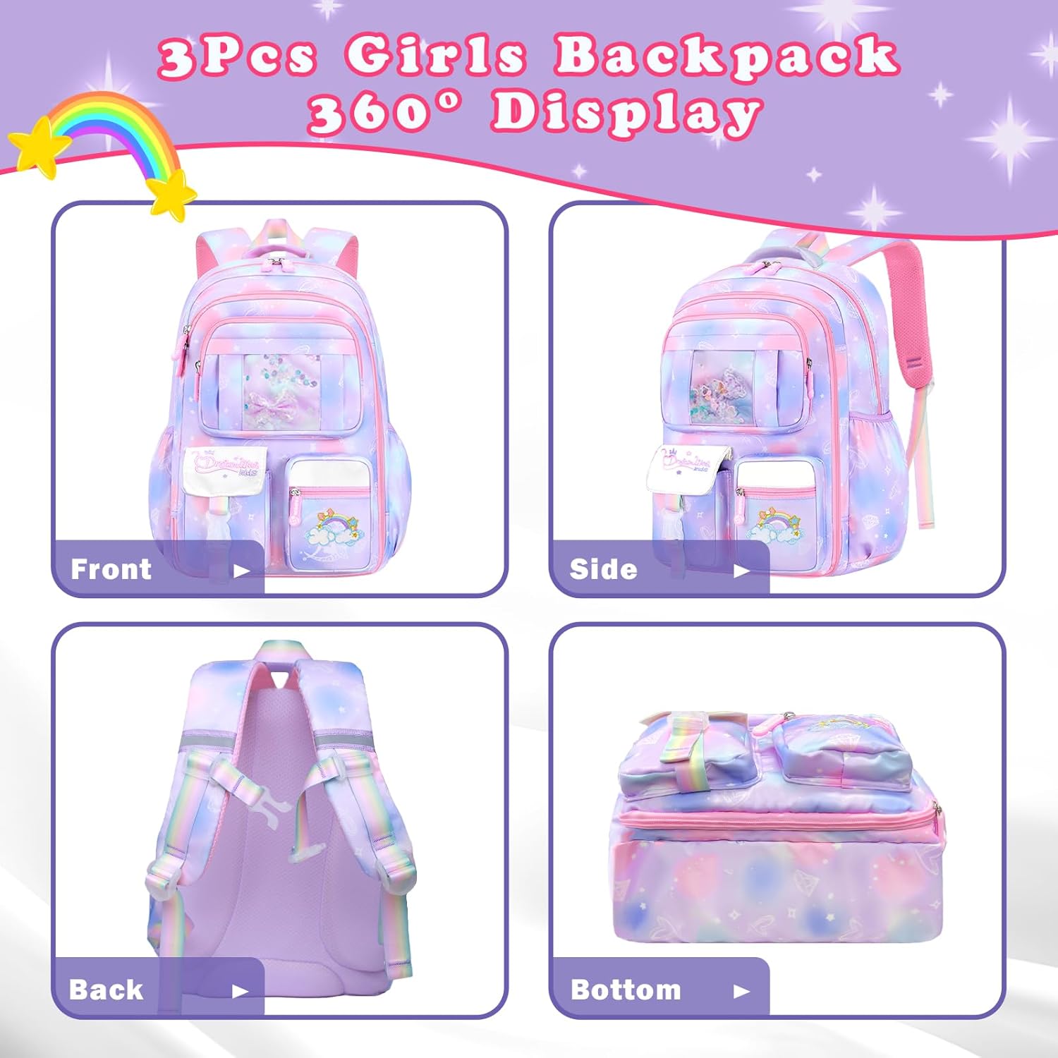3Pcs Backpacks for Girls, Cute Rainbow School Backpack with Lunch Bag Pen Bag Set, Multi-Pockets Kids Backpack for Elementary Preschool Toddler(Purple)