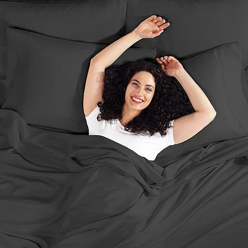 Miniatura 2 de Juego de sábanas de algodón egipcio de 1800 hilos 4 piezas, libre de arrugas, tamaño queen, Algodón, Negro, King