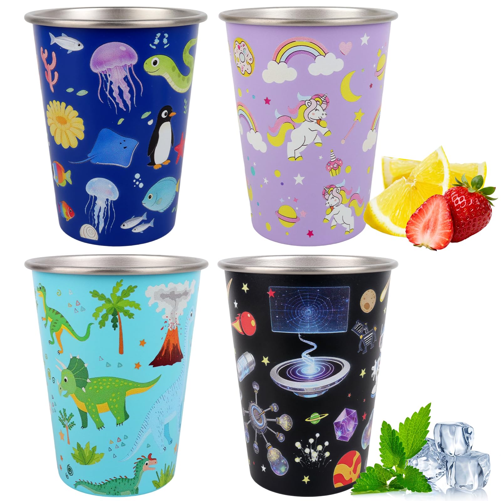 Set di 4 Bicchieri in Acciaio Inox per Bambini 350ml, Tazze in Acciaio Inox, Animali Marini Dinosauro Spazio Unicorno, Bicchieri Riutilizzabili Infrangibili Impilabili per Scuola Casa Campeggio