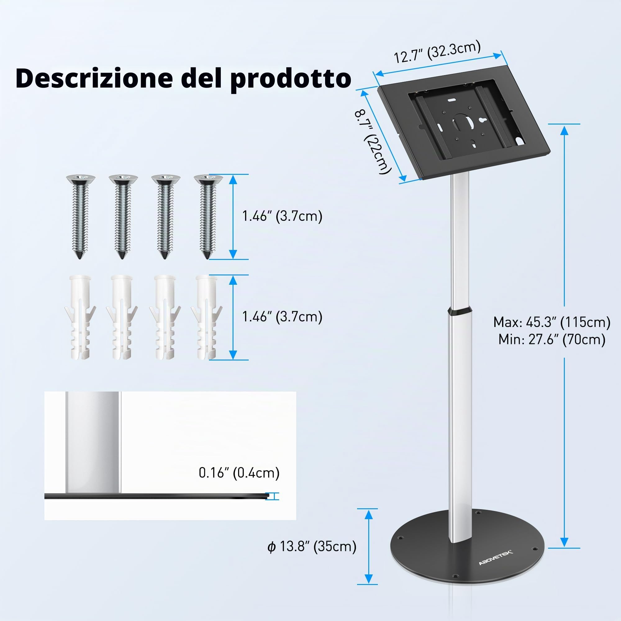 AboveTEK Supporto da Pavimento Antifurto per iPad, Piedistallo per Tablet POS ad alta Sicurezza, Custodia di Sicurezza Regolabile in Altezza con Serratura e Meccanismo a Chiave per iPad Air Pro