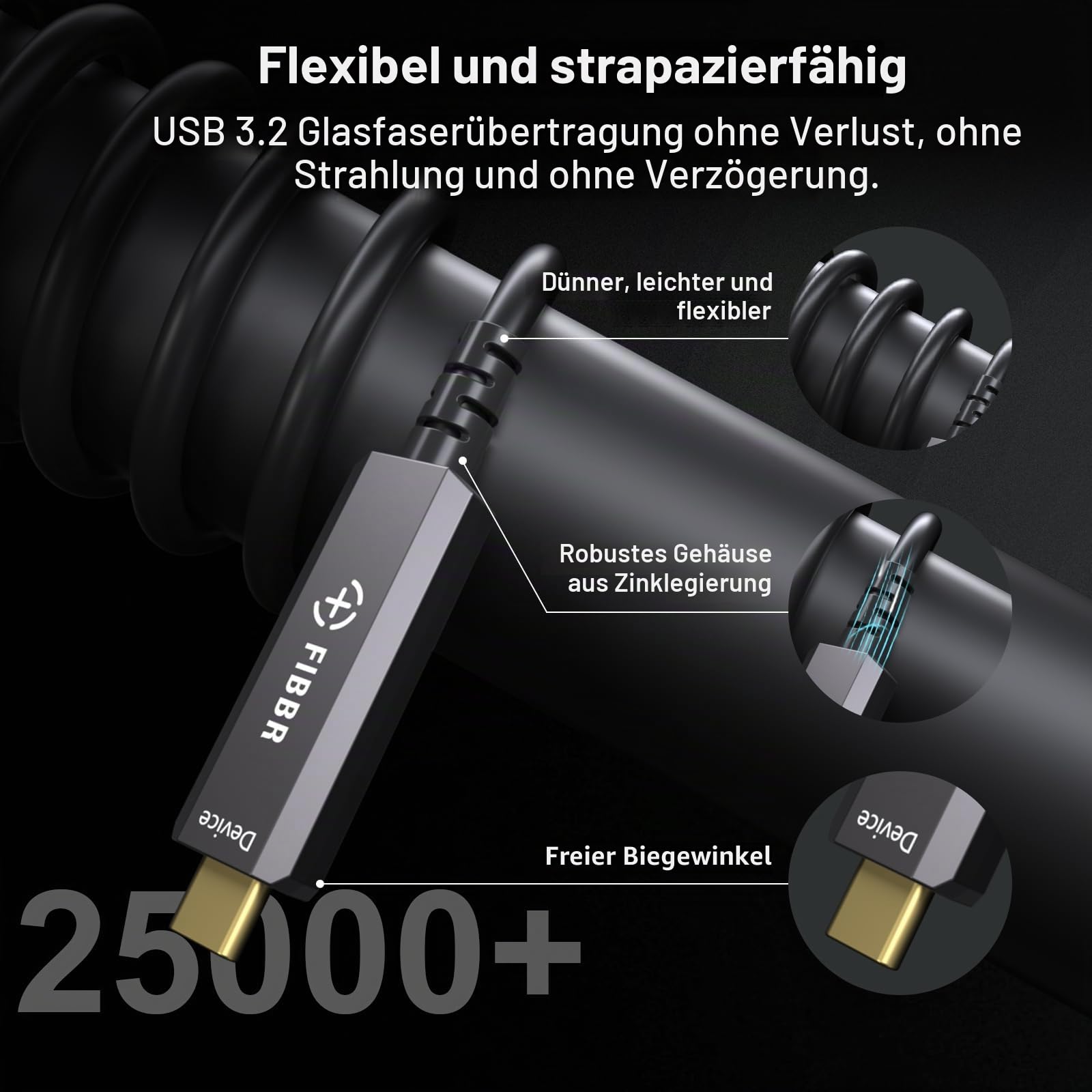 FIBBR USB-Glasfaserkabel 5M, USB A zu USB C Glasfaserkabel, 10Gbps Ferndatenübertragung USB 3.2 AOC für VR/AR, Heimkino, Kamera, Laptop, Minicomputer, Drucker, Videokonferenz