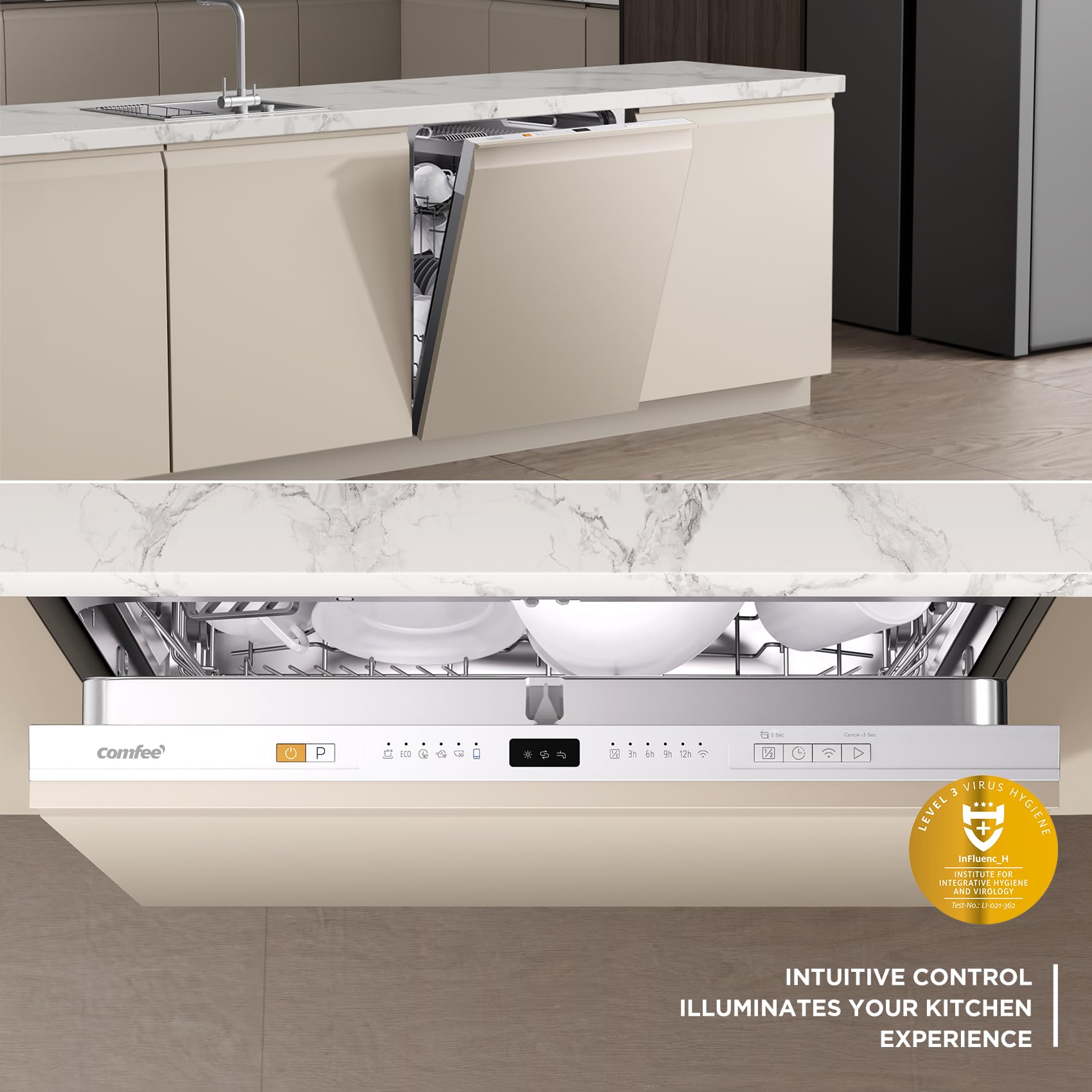 COMFEE' Fully Integrated Dishwasher with 14 Place Settings, Wi-Fi Connected, 47dB Low Noise, Built-in Dishwasher with Rapid Wash, Half-load, Auto Door Open Drying-CDWPF1415P-UK — view 6