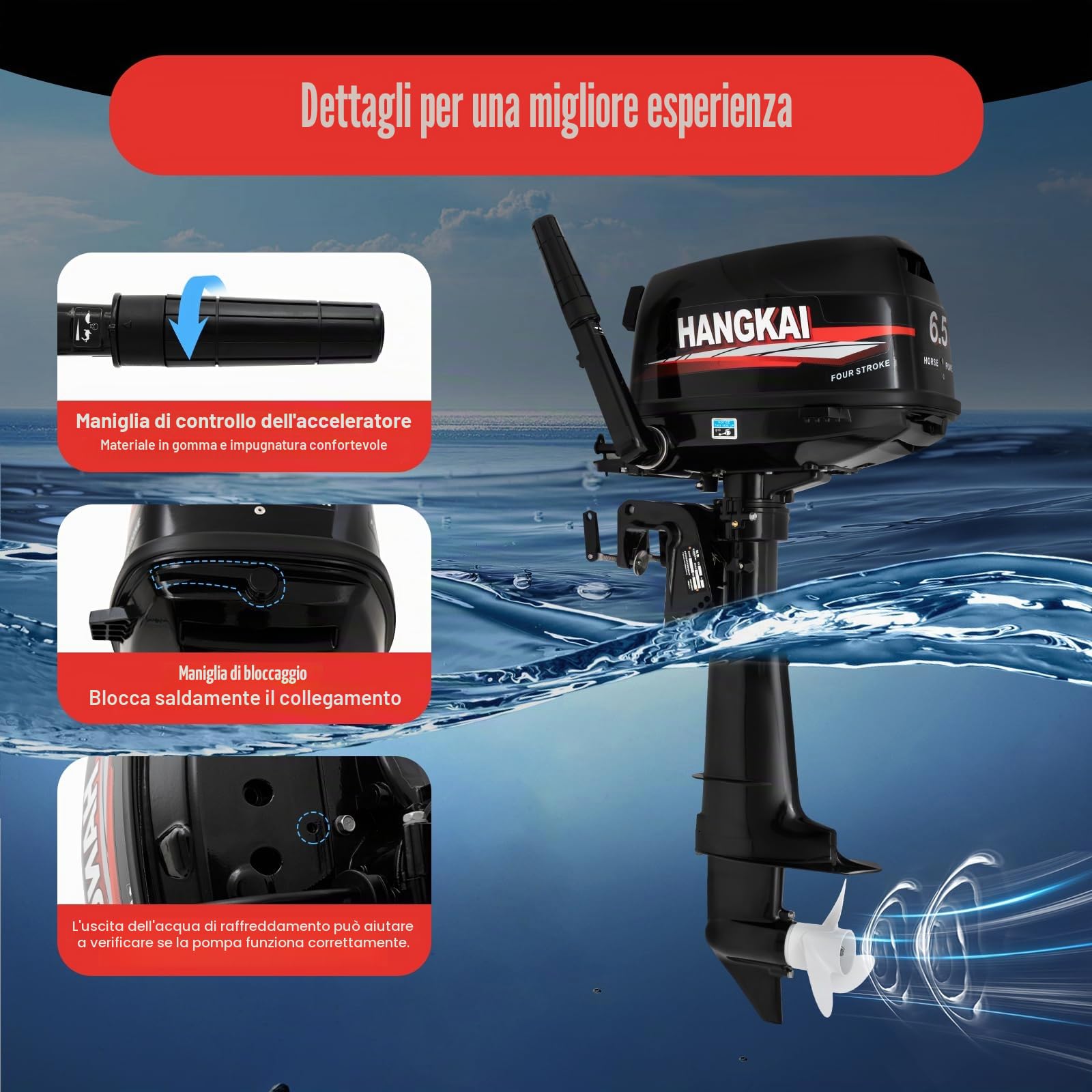 Motore fuoribordo a 4 tempi, 123 cc, 6,5 CV, 6000 giri/min, capacità serbatoio 12 l, raffreddato ad acqua, accensione CDI, avviamento manuale, motore fuoribordo per barche pneumatiche, barche da pesca