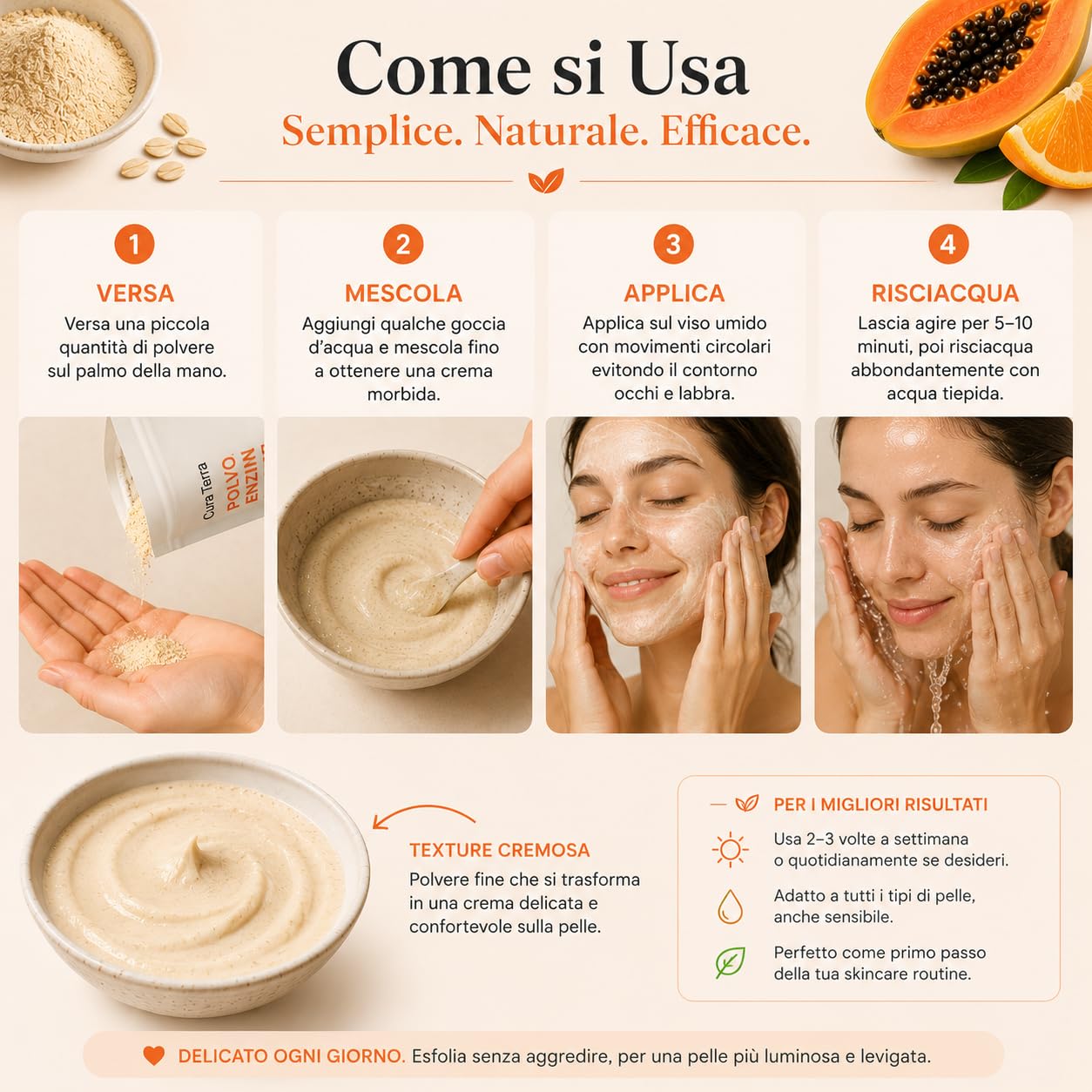 Papaya + Vitamina C - Polvere detergente enzimatico viso 50 g | Esfoliante naturale illuminante con enzimi di papaia, avena colloidale, caolino e buccia d'arancia | 100% naturale e vegano