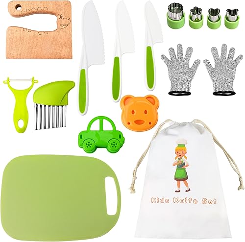 El juego de 15 cuchillos de cocina de madera para niños incluye cuchillo seguro de madera para niños, bordes dentados, cuchillo de plástico para