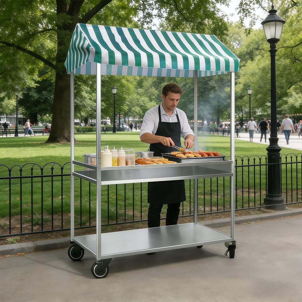le Lebensmittelwagen mit Baldachin, robuster Rollwagen für Märkte, Festivals, Gastronomie und Einzelhandel, Grün, 48 x 100 cm, leicht zu manövrieren