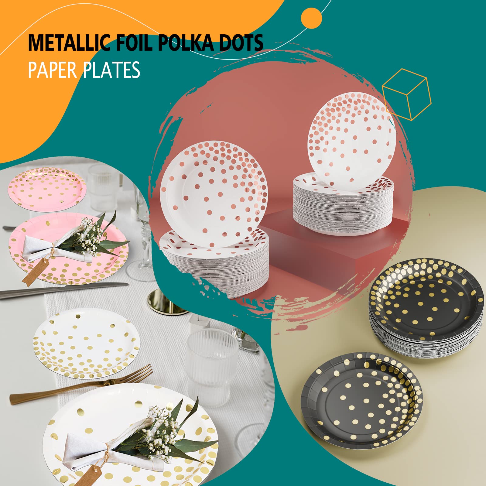 DYLIVeS Plato de papel, 80 unidades de lunares negros y dorados, platos desechables de 7 pulgadas, redondos, informales, para todas las estaciones, para fiestas y celebraciones