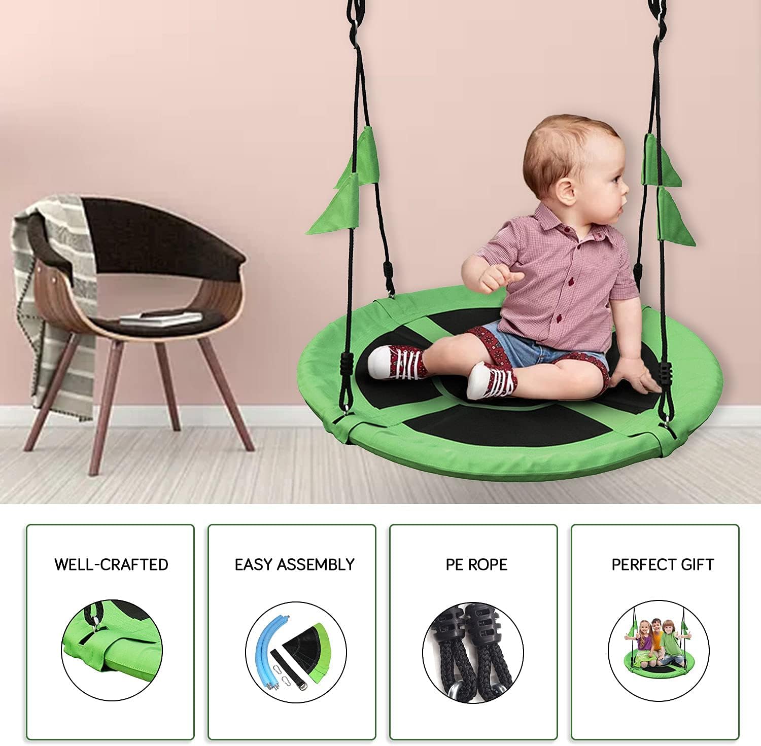 50% оƒƒ Dіѕсоunt Tree Swing Hexagon Swing with Adjustable Ropes, Safe & Stable, Heavy Duty Rope up to 330lbs, 40 Inch, 2 Carabiners, Outdoors, Backyard Playground (Green)