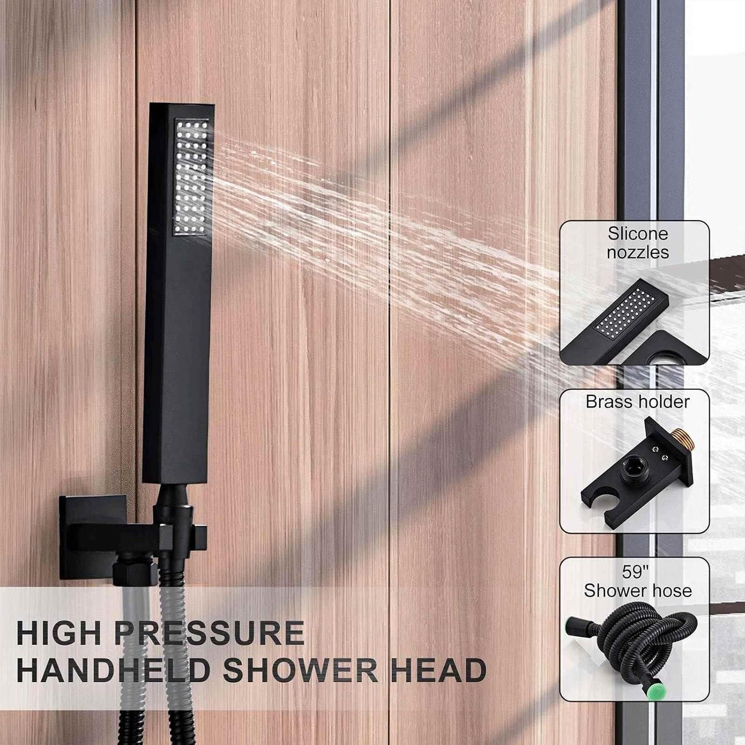 SaniteModar Black Shower Head System 10 Inch Square Rainfall Shower Head with Handheld Shower Vaval and Trim Kit Wall Mounted Shower Faucet Set, Matte Black Shower Head