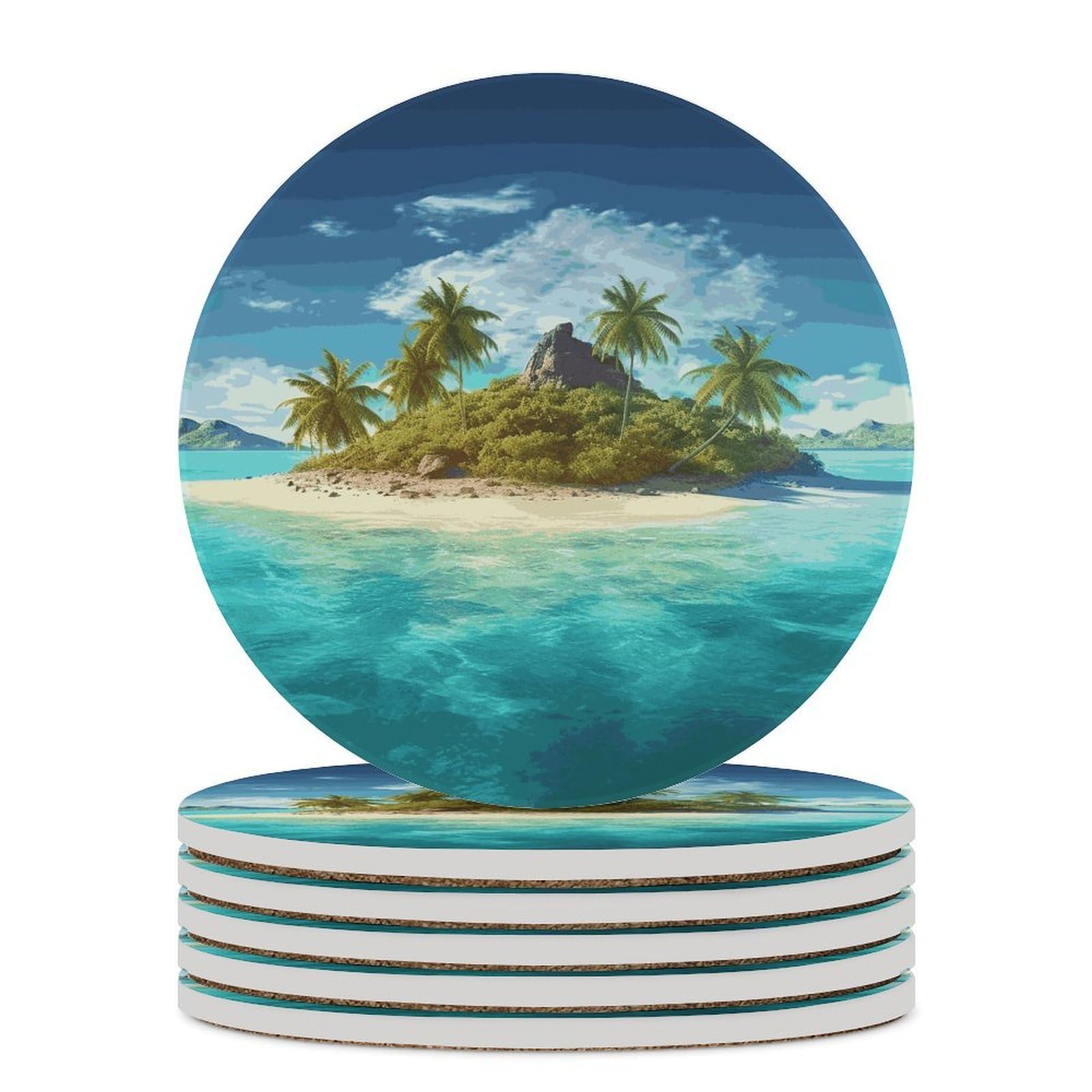 Tropical Island Coaster with Cork Base Drink Coasters for Coffee Table Decor Modern Cup Coasters with Non-Slip & Heat-Resistant Cute Ceramic Table Coaster for Home Dining
