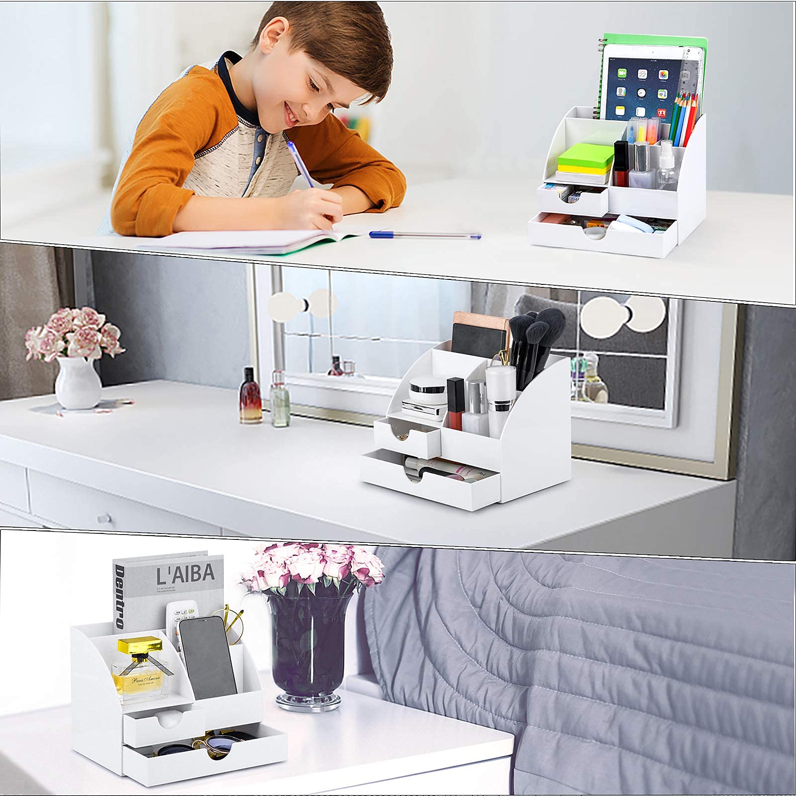 Upgraded Acrylic Desk Organizer, All in One Office Supplies Accessories with 2 Drawers for Home/Office/Makeup Desktop Organization & Decor, White 3