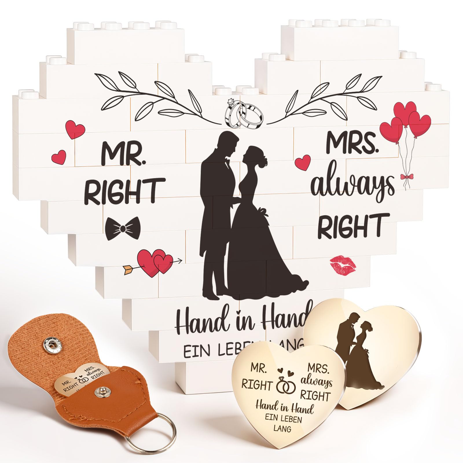 Giftota Geschenk zur Hochzeit Hand in Hand Herzförmige Bausteine und Glücksbringer Hochzeit Deko, Hochzeitsgeschenk für Brautpaar Mr & Mrs Jahrestag Geschehenk für Ihn - Hochzeitstag Valentinstag