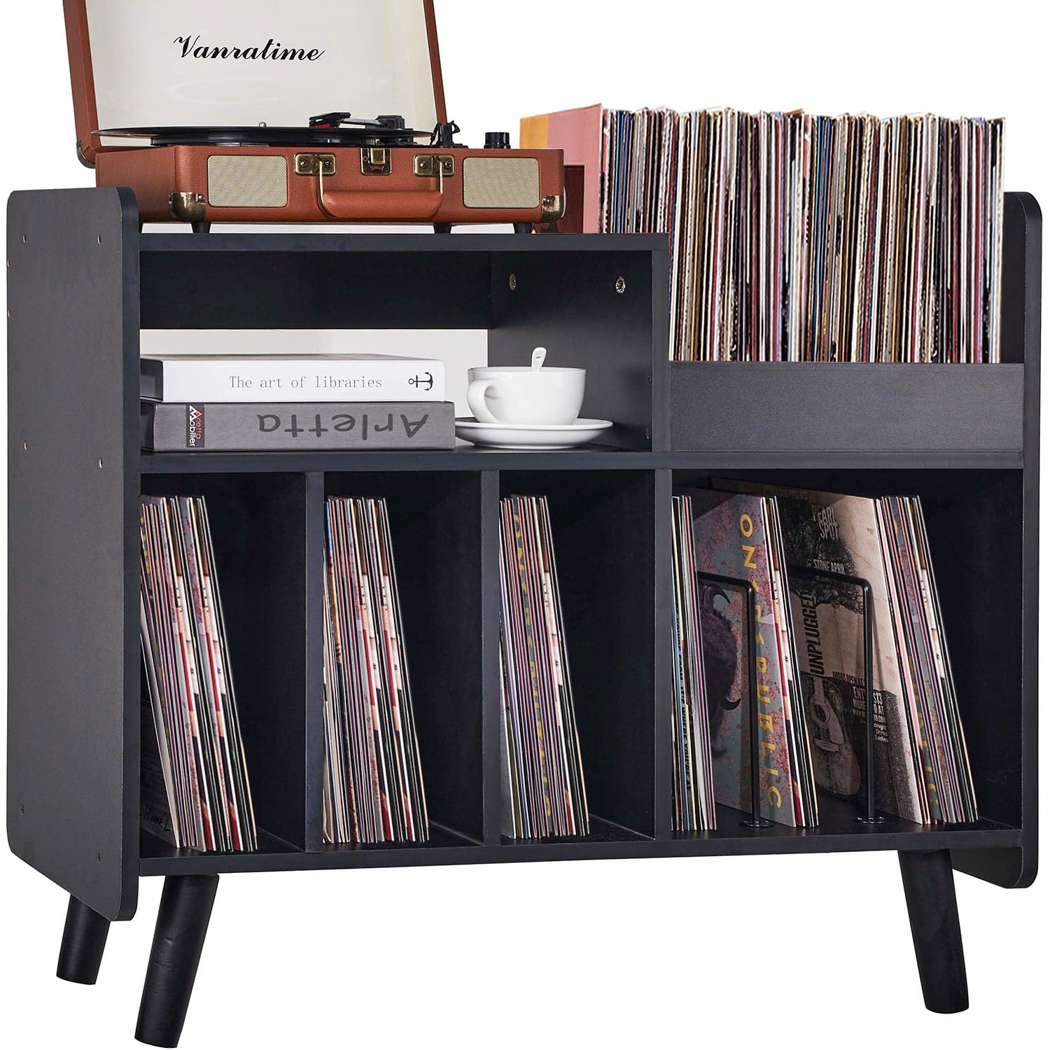 Record Player Stand, Large Record Player Table Cabinet with Open Vinyl Storage and Display Shelf Holds up to 350 Albums, Mid Century Wood Turntable for Living room