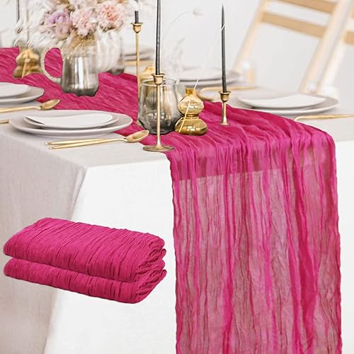 Camino de mesa de estopilla rosa intenso de 10 pies, paquete de 2 caminos de mesa bohemios, para decoración de boda, despedida de soltera,