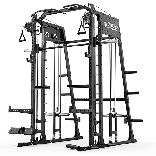 Mikolo Smith Machine, 2200lbs Squat Rack with LAT-Pull Down System & Cable Crossover Machine, Training Equipment with Leg Hold-Down Attachment