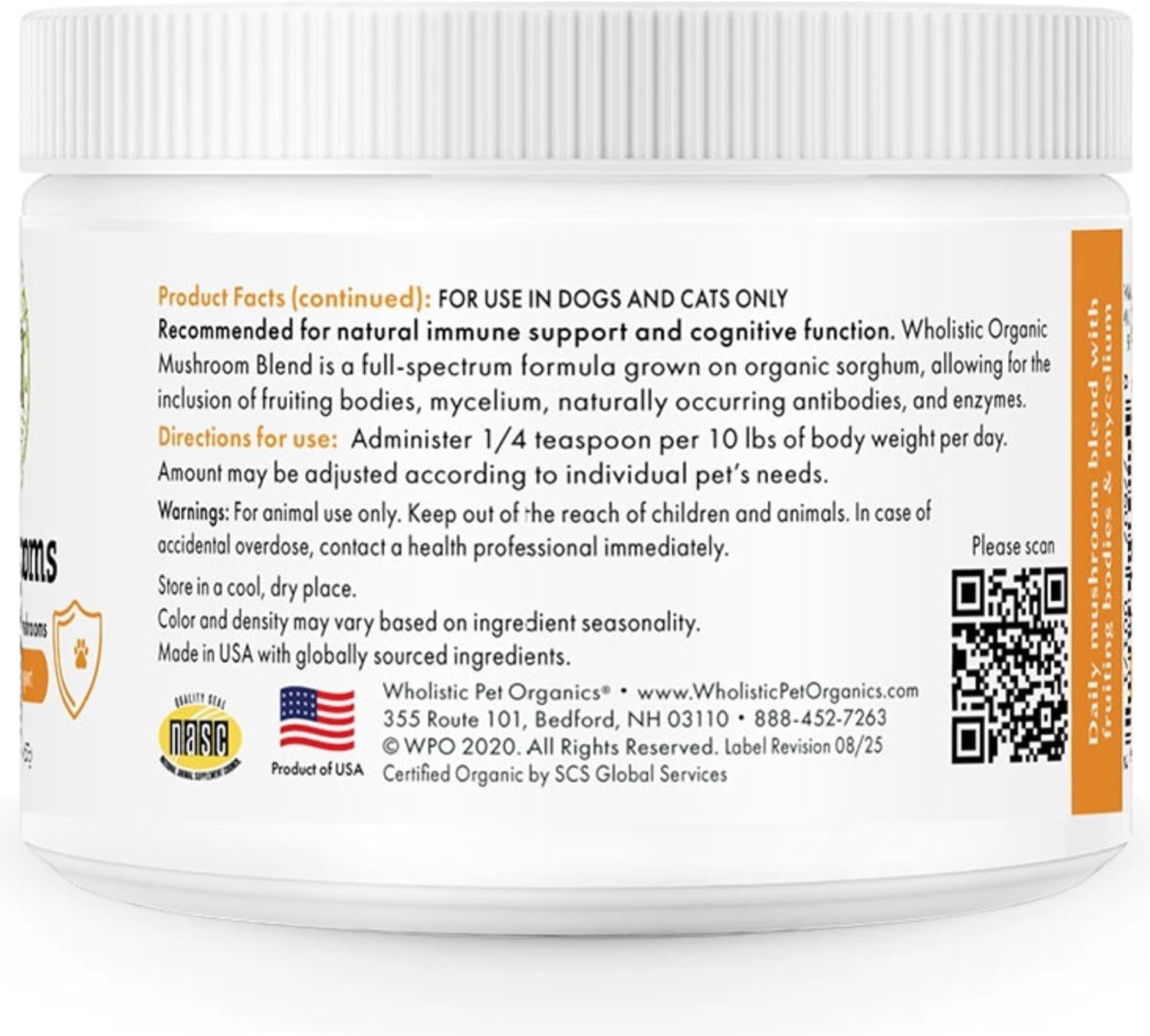 Wholistic Pet Organics Mushrooms for Dogs & Cats - Cognitive & Immune Support with Turkey Tail Mushroom for Dogs - USDA Organic 10:1 Mushroom Supplement for Dog with Organic Lions Mane - 84 Scoops