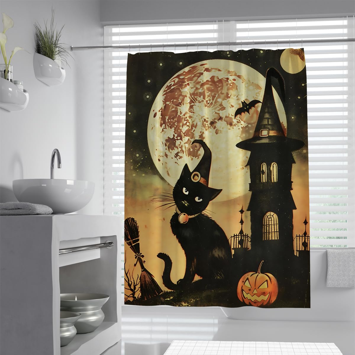 UIRINGART Vintage Halloween Black Cat Shower Curtain W120xL180cm Spooky Full Moon Castle Pumpkin Pattern Anti Mould Waterproof Bathtub Screens with Hooks