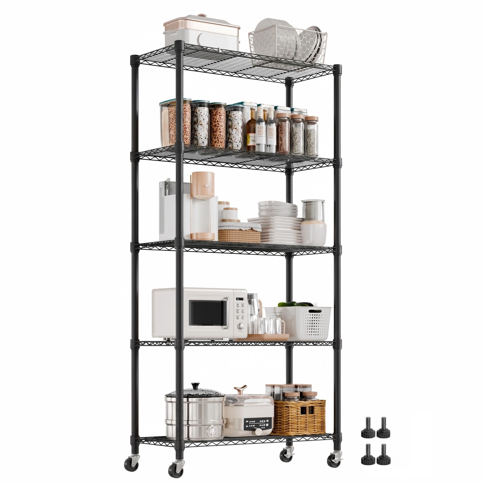 Mondeer Metal Shelving Units 5 Tiers, 4 Wheels and 4 Feet, W90 x H180cm