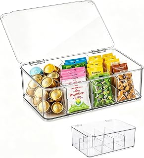 Transparent Tea Bag and Coffee Capsule Candy Storage Jar with Lid, includes 4 removable dividers, snack storage, stackable for pantry/kitchen/fridge (1)