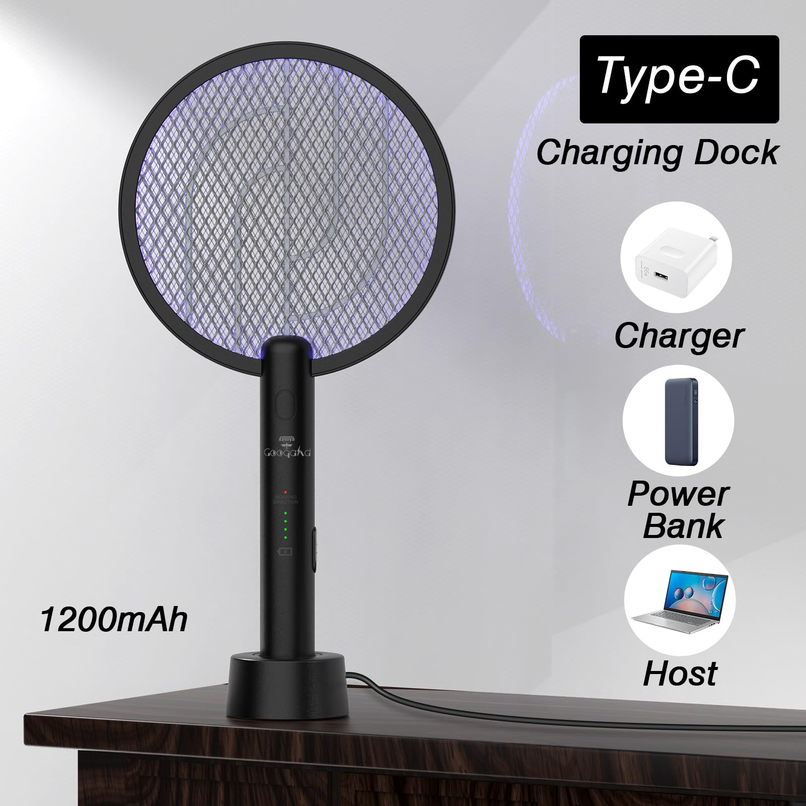 2 Pezzi LED Racchetta Zanzare Elettrica, 4000V con USB Ricaricabile 2-In-1 Racchetta Zanzare Elettrico, Protezione Maglia a 3 Strati, Adatto per Campeggio Interni ed Esterni, Nero