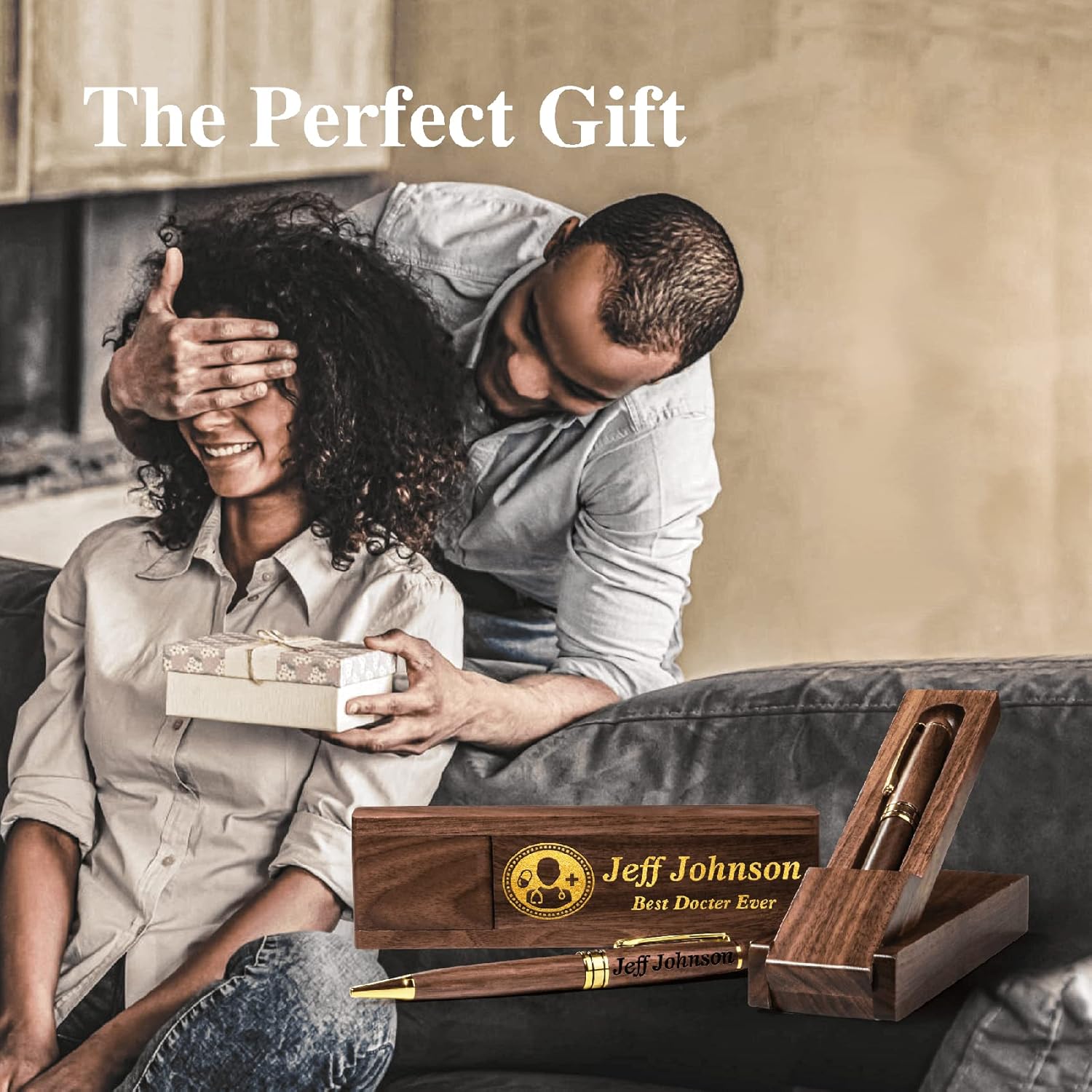 Personalized Wooden Pen with Folding Case, Custom Dark Walnut Ballpoint Pen with Gold Engraved Text, Great Gift Idear for Teach, Doctor and Nurse