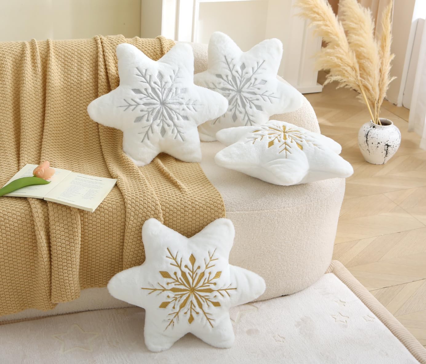 Snowflake Decorative Throw Pillow – White Plush Star Cushion with Silver Gray Embroidery – Soft Winter Accent Pillow for Couch, Sofa, Bedroom & Holiday Décor