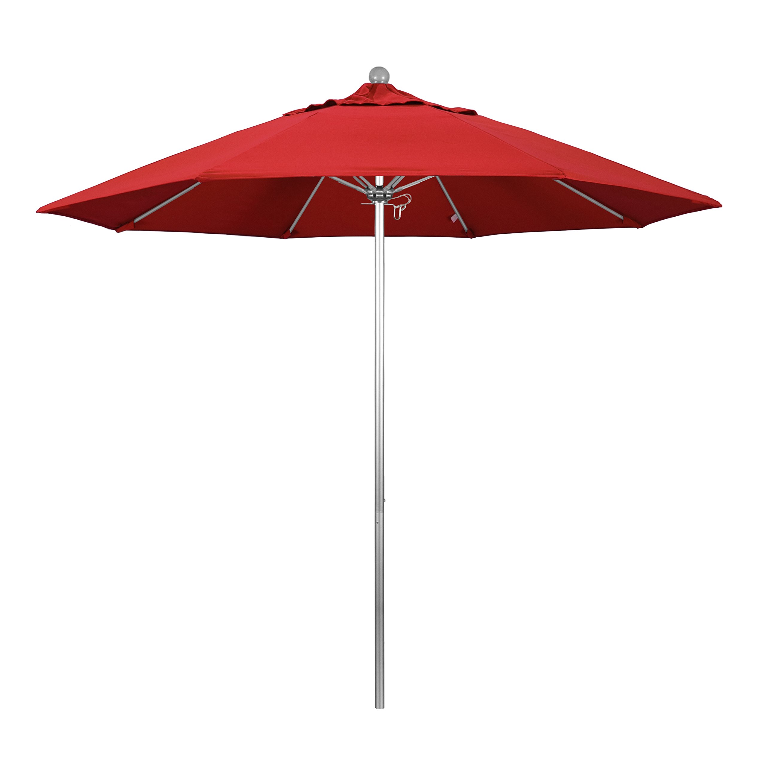 California Umbrella 9' Round Aluminum/Fiberglass Umbrella, Push Open, Silver Pole, Sunbrella Jockey Red