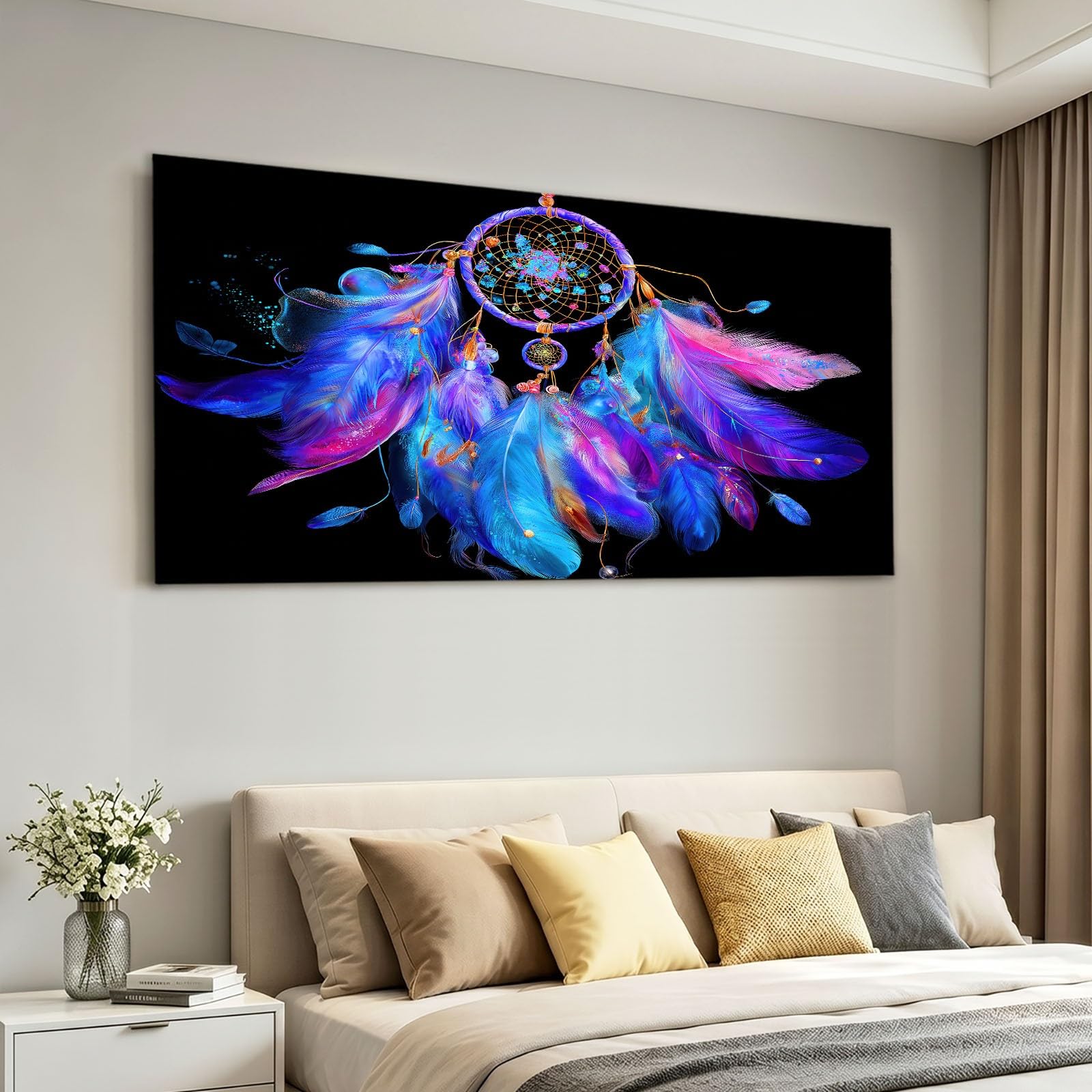 Leinwandbild Bild Boho-Stil XL Wandbilder Deko 90 x 60 cm, Kunstdruck auf Leinwand mit Holzrahmen, Schwarz Traumfänger Feder Wanddeko für Wohnzimmer Schlafzimmer Büro Wanddekoration