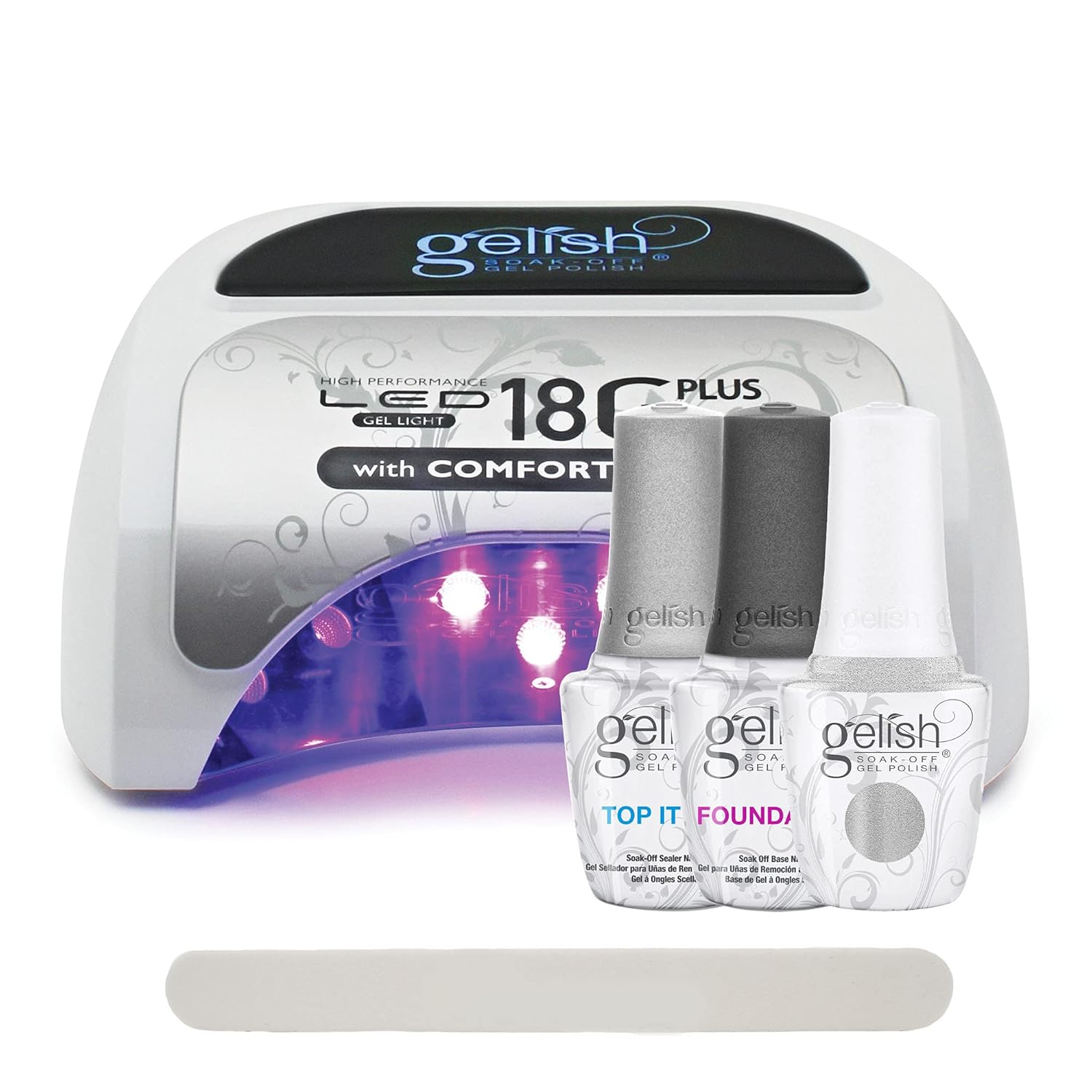 Gelish 18G Plus LED Light with Silver Metallic Soak-Off Gel Polish Top and Base Coats