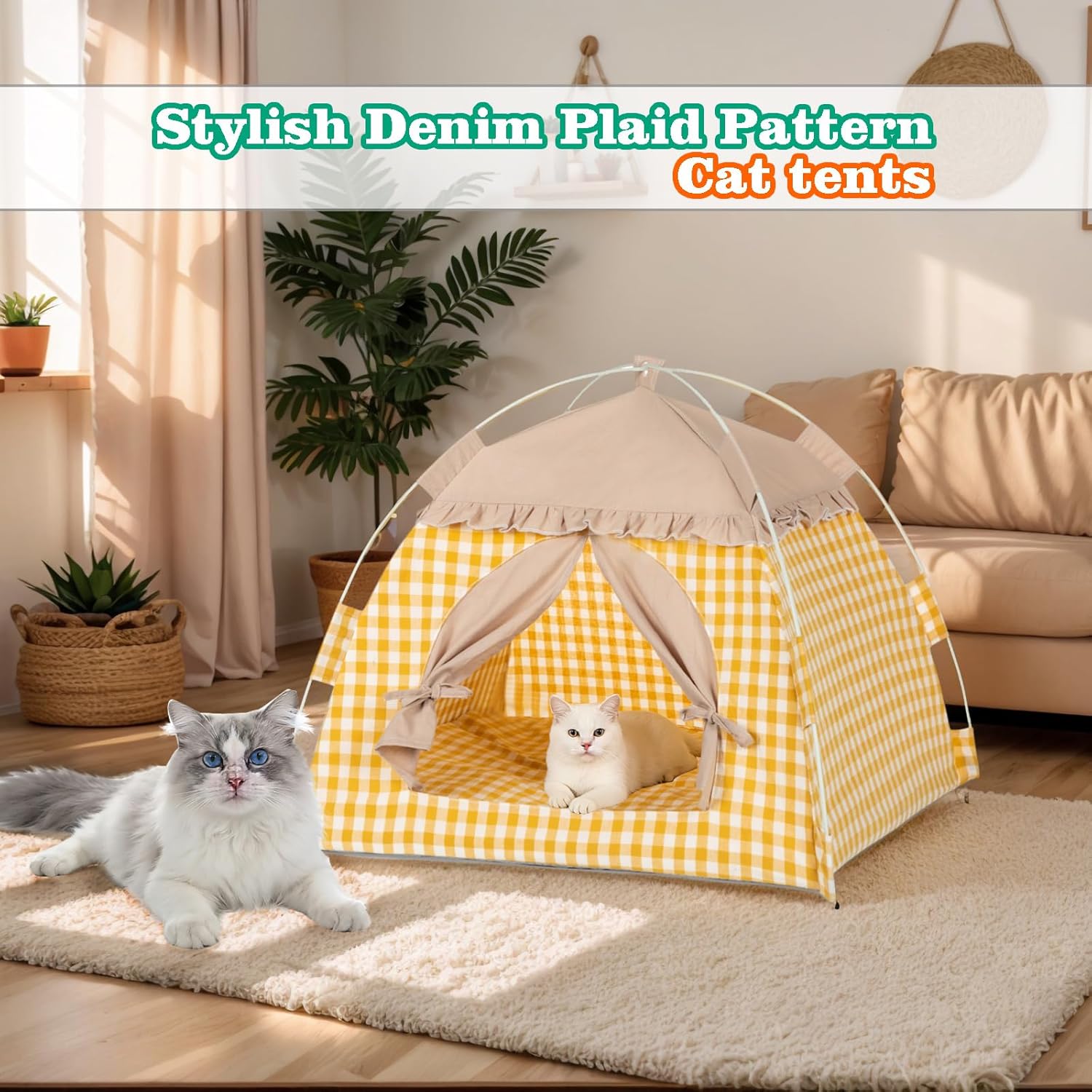 Foldable Cat Tent for Indoor & Outdoor Use - Features Breathable Mesh Fabric and a Stylish Denim Plaid Pattern | Perfect as Cat Tents, Cat House, or Puppy Tent