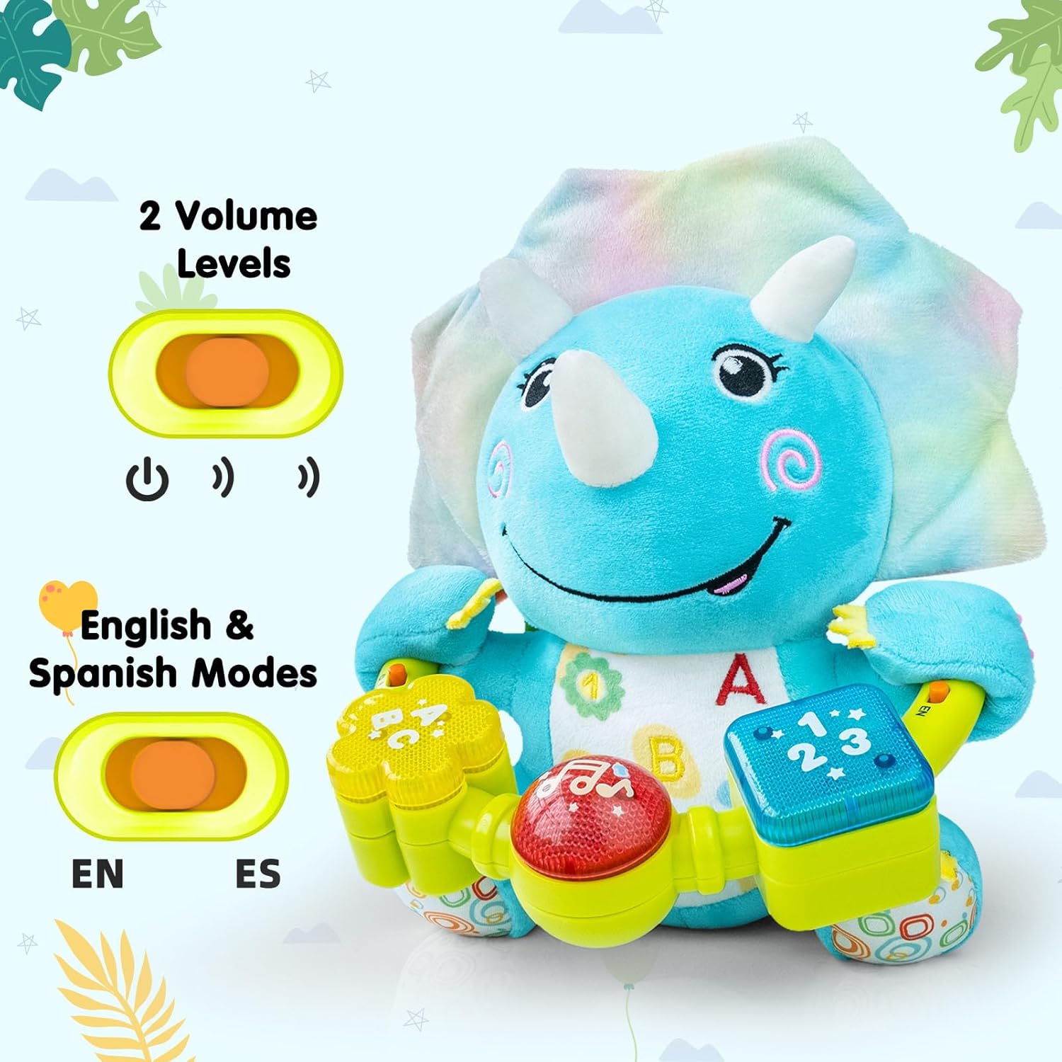 Ryotagift Baby Bilingual Musical Dinosaur Stuffed Animals Toys,Infant Early Learning Toy with Light-Up Music & Crinkle,Tummy Time Toys for 0 3 6 9 12+ Months for Baby Boy Girl Gift