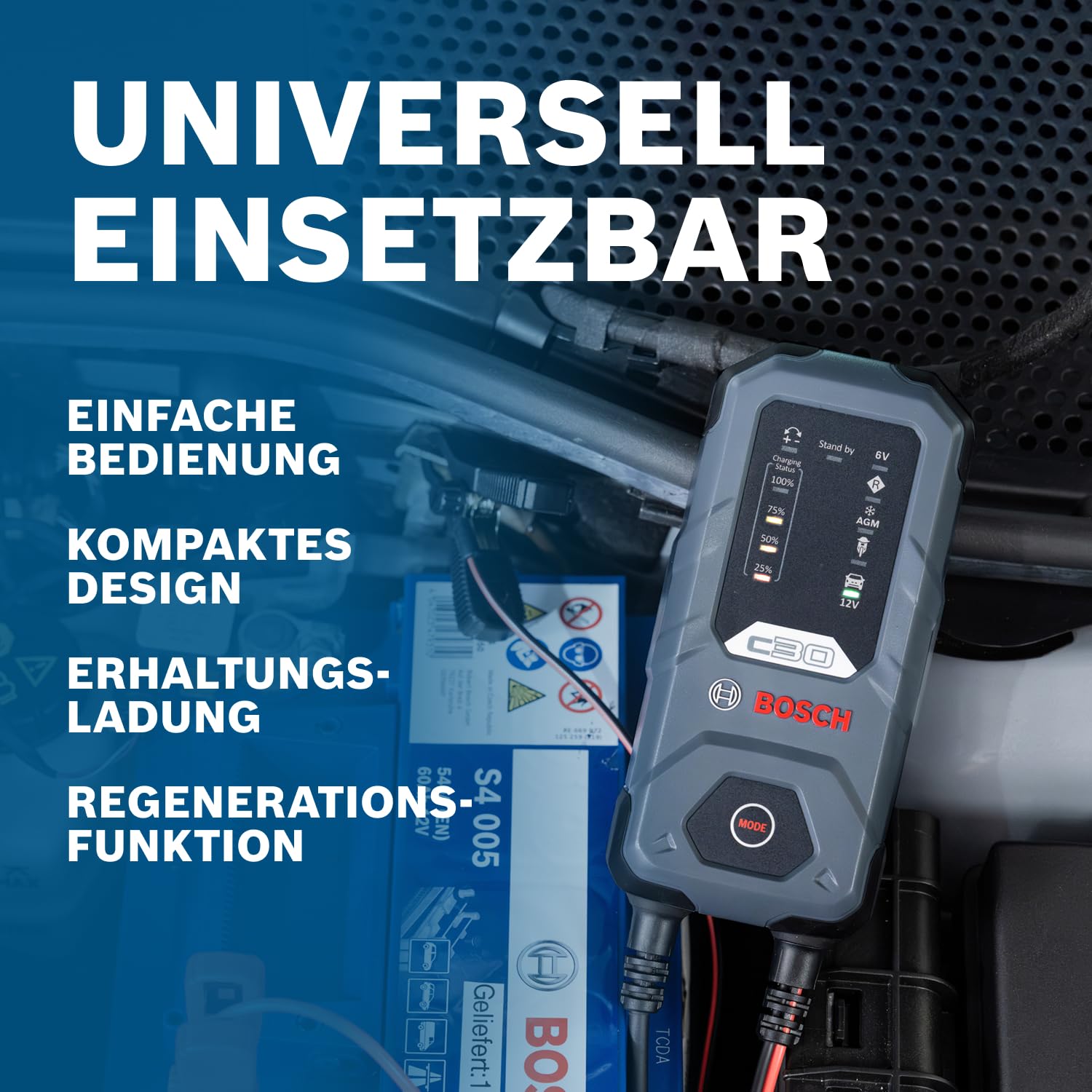 Bosch C30 Batterieladegerät, 3,8 A mit Erhaltungsfunktion, für 6 V/12 V Blei-Säure-, EFB-, Gel-, AGM- und SLI-Batterien, wird mit einem UK-Stecker geliefert