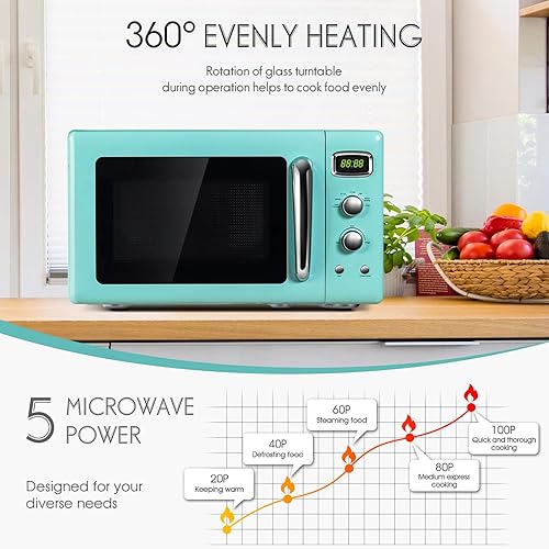 Miniatura 2 de Moccha horno microondas grande de 0.9 Cu.ft, microondas retro de 900 vatios con bloqueo de seguridad para niños, función de descongelación y cocción