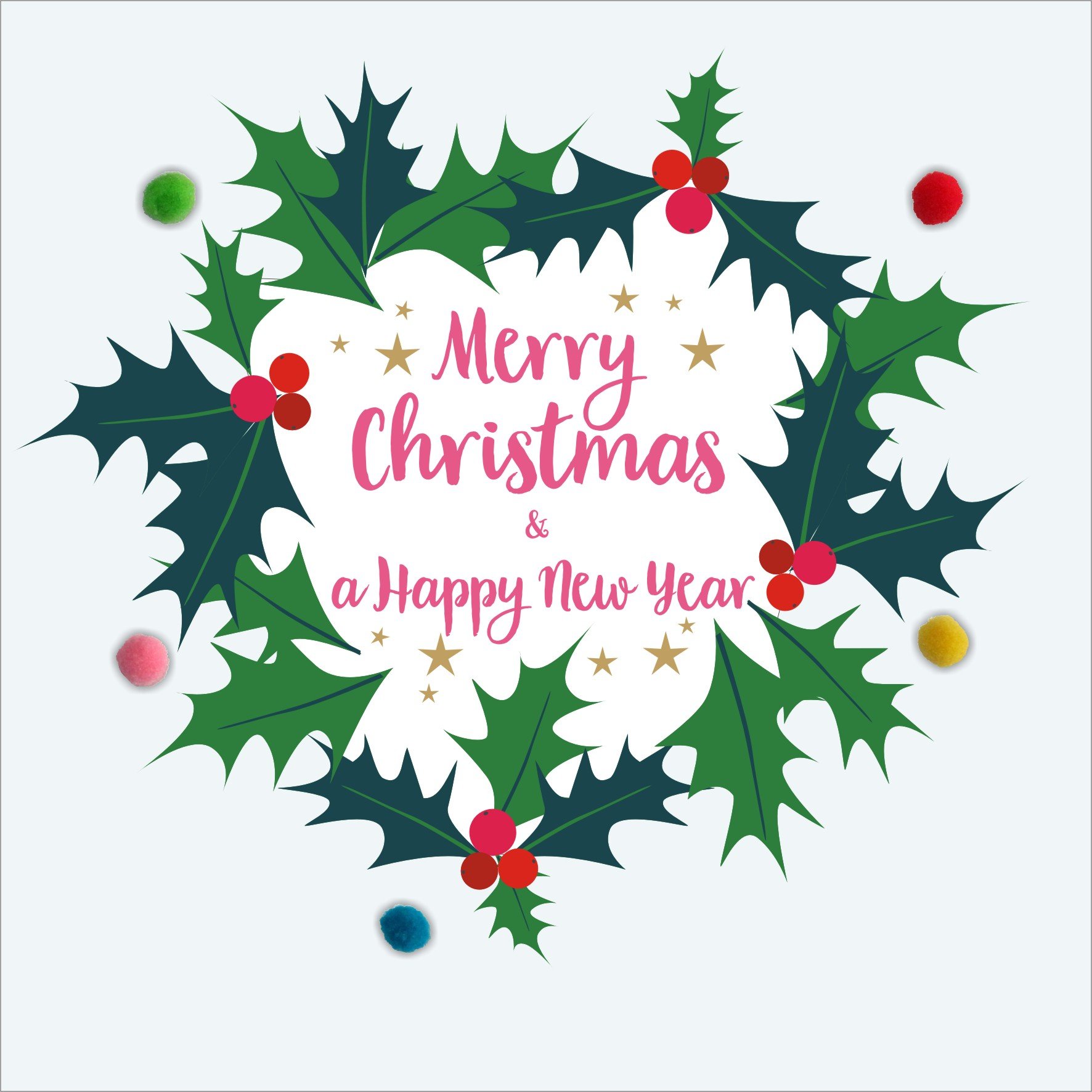 Claire Giles Greeting Cards, Happy Christmas Card, Holly Wreath design xmas Greeting Card, Embellished with colourful Pompoms