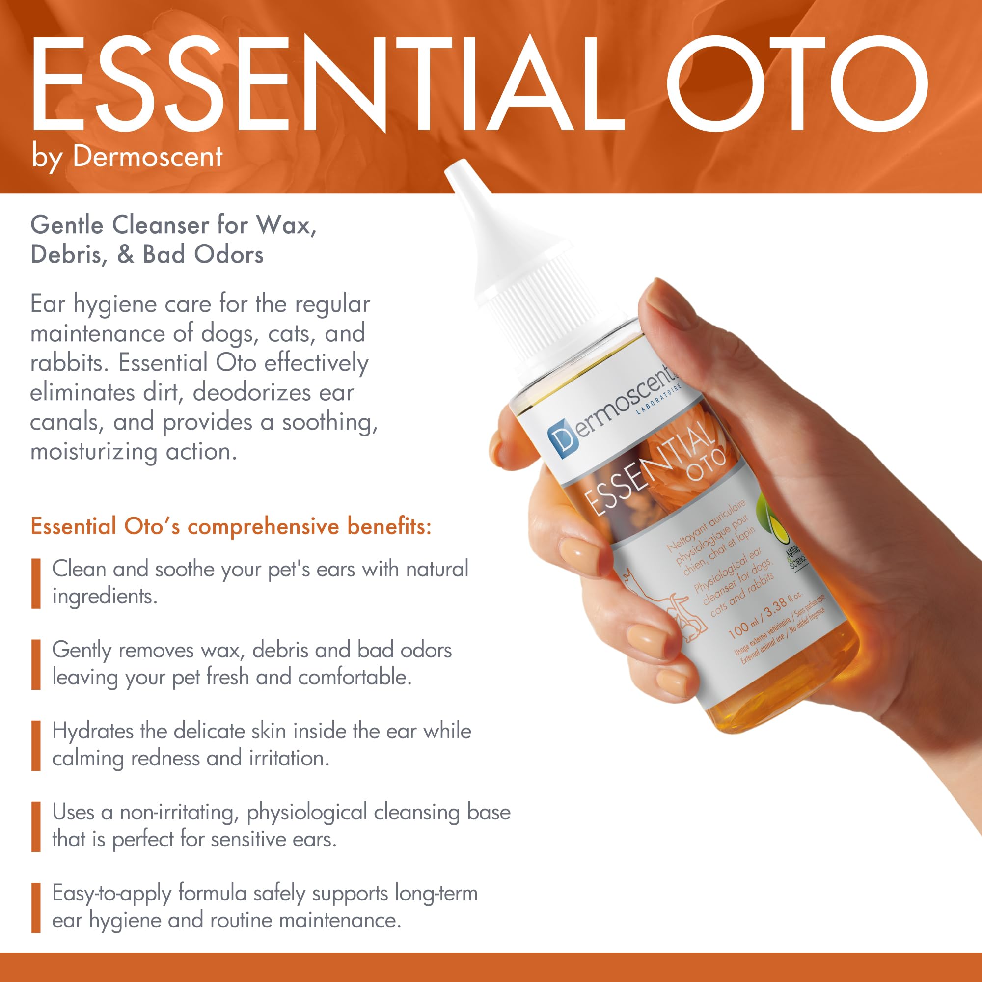 Dermoscent Essential OTO - Detergente auricolare per cani, gatti e conigli | Formula naturale senza alcool | Elimina cerumen e odori, idrata e lenitiva, 100 ml