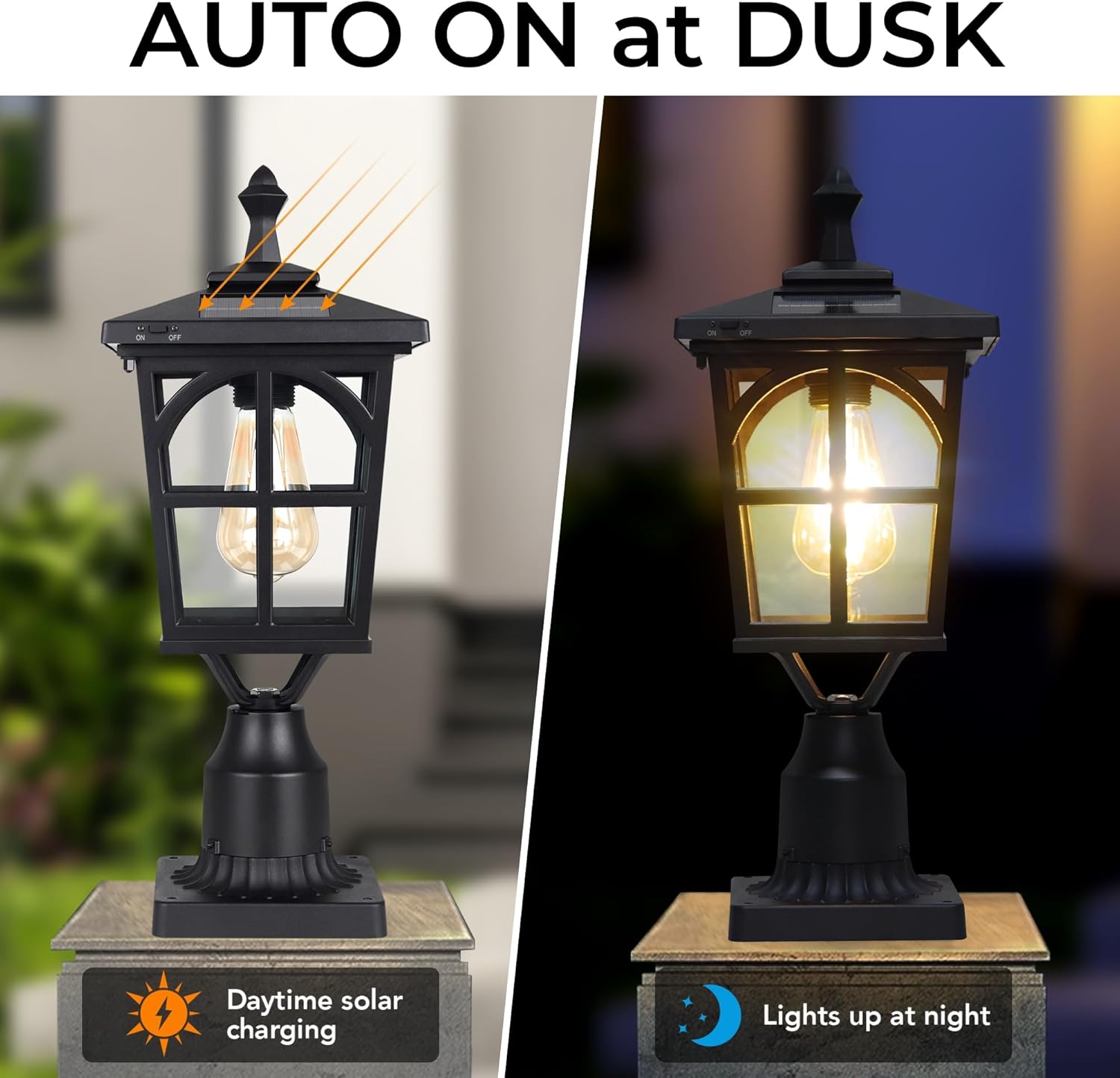 Outdoor Solar Lamp Post Light, Dusk to Dawn Waterproof Aluminum Solar Post Light with Pier Mount Base for Pole Deck Yard Garden Gates Patio Paths